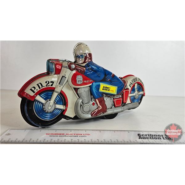 Vintage Friction Tin Toy "Patrol Police" Motorcycle (HAJI Japan) (7"H x 2-1/2"W x 13-1/2"L)