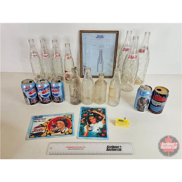 PEPSI Collection (Bottles, Cans, Framed Copy of New Bottle Design 1940, Mini Tin Signs) (Tallest Bot