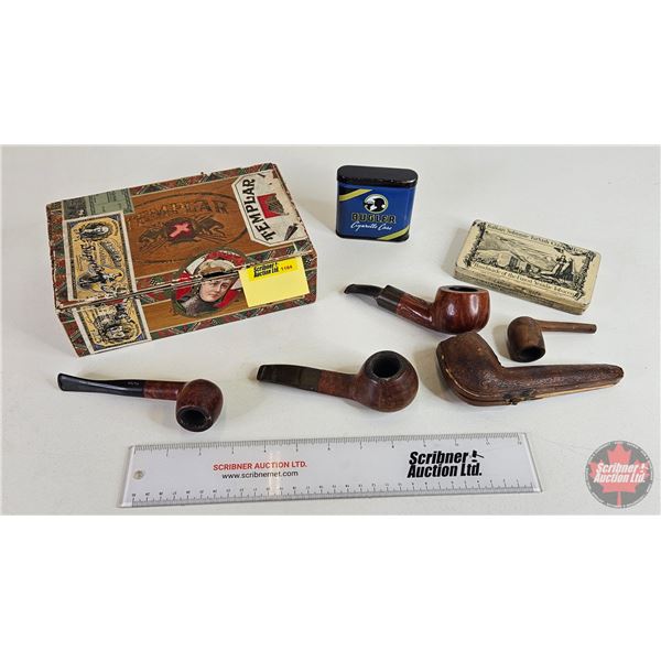 Collector Combo: Templar Cigar Box; Turkish Cigarettes Tin; Bugler Cigarette Tin; (4) Pipes & Pipe C