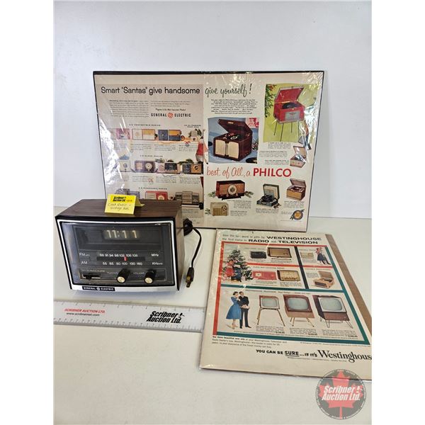 Vintage General Electric Clock Radio w/Radio Magazine Ads (2) (Clock Measures : 6-1/2"H x 8"W x 4"D)