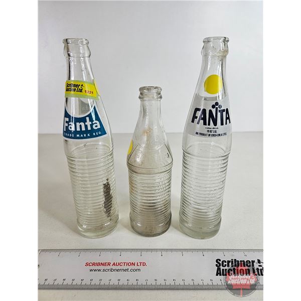 FANTA Bottles (3) : Clear Blue/White ACL, Clear Black/White ACL & Clear Embossed  (Tallest Measures 
