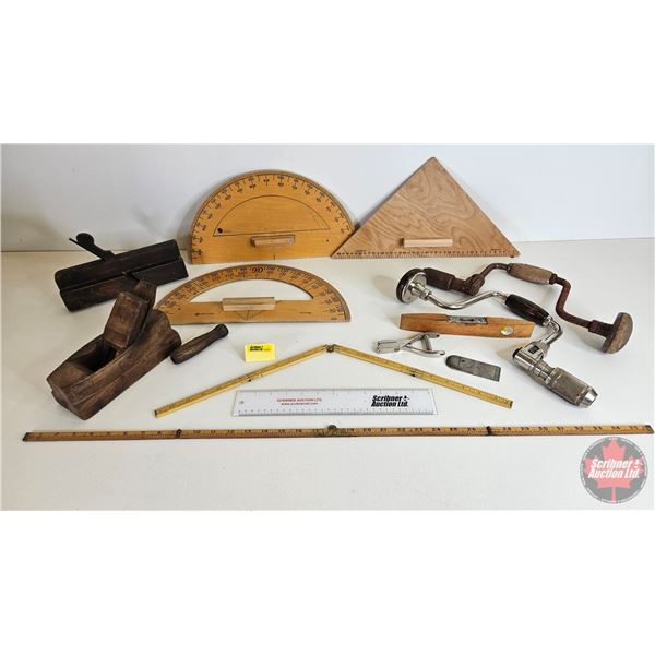Vintage Carpenters Group : Incl. - Hand Brace Drill - Wooden Protractors - Square - Folding Wooden R