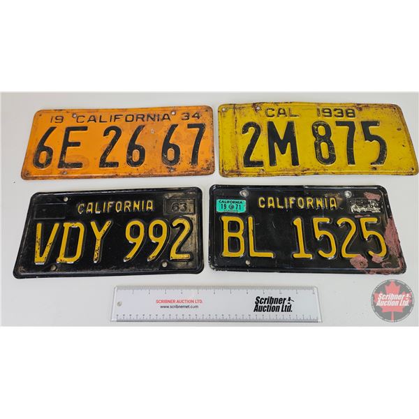 License Plates (4) : California  - 1934 - 1938 - 1963 - 1971 (Largest Measures : 6-1/4"H x 14"W)