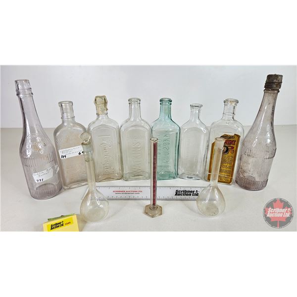 Medicine Bottles (8) w/ Graduated Cylinder & Volumetric Flask (Tallest Bottle Measures : 10-1/4"H)