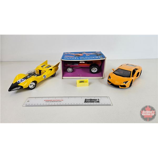 Toy Cars (3):  - Lamborghini (Scale 1:18) - Racer X Shotting Star (Scale 1:18) - Buddy L Jr. Rail Ra