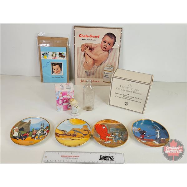Vintage Baby Collector Combo : Looney Tunes Collector Plates; Bottle, Ornament; Magazine Ads
