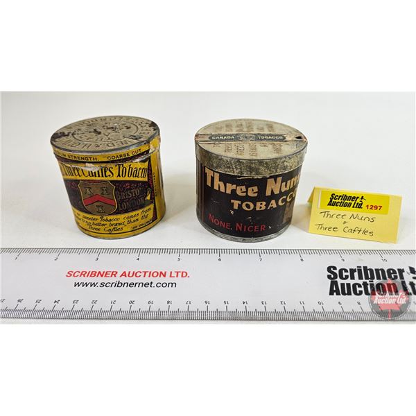 Tobacco Tins (2) : - Three Nuns (2-3/8"H x 2-7/8"Dia) - Three Caftles (2-1/2"H x 2-5/8"Dia) (Both Pa