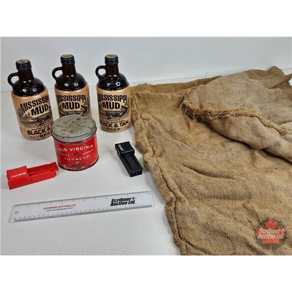 Collector Combo: Mississippi Mud Jugs (3); Old Virginia Tobacco Tin; Cig Rollers (2); Burlap Sacks (