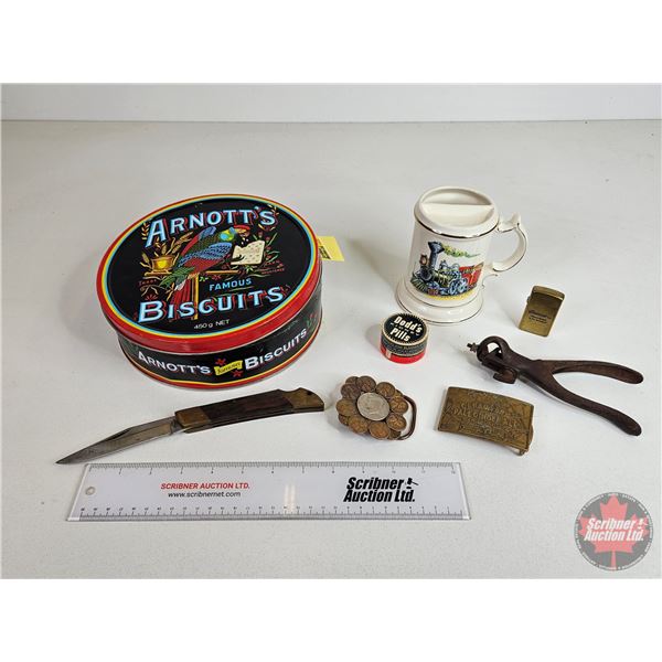 Collector Combo: Arnott's Biscuits Tin; Mustache Mug; Pocket Knife; Belt Buckles; Lighter; Saw Set; 