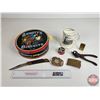 Image 1 : Collector Combo: Arnott's Biscuits Tin; Mustache Mug; Pocket Knife; Belt Buckles; Lighter; Saw Set; 