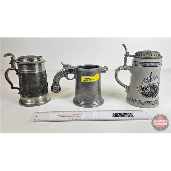 Beer Steins (3) - Engraved / Pewter Decorative / Germany "1970" "1973" - Ceramic : Domex Made in Ger