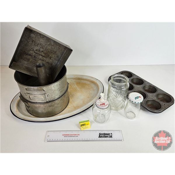 Vintage Kitchen Collectors Combo: Enamel Platter; Cake Pans "Swans" Embossed; Muffin Tin; Jars; etc 