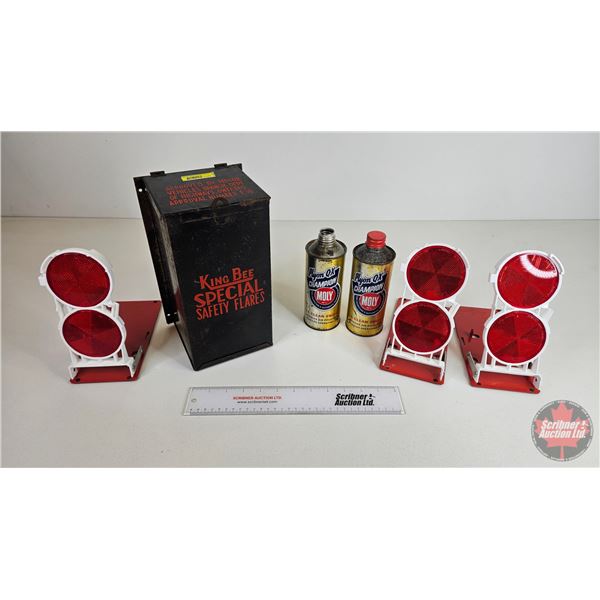 King Bee Special Safety Flares w/ Engine Oil Additive Cans (2) (Metal Flare Container Measures : 11"