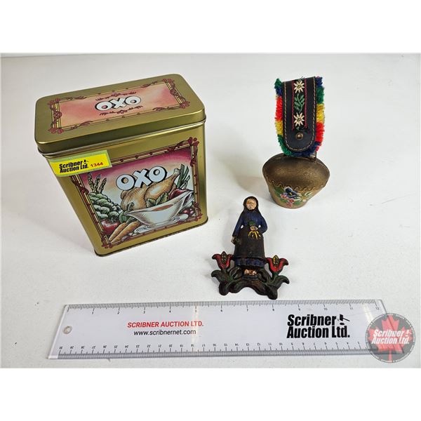 Collector Combo : Swiss Cowbell & Cast Iron Wall Mount Clip & OXO Tin (Tin Measures: 6"H x 5-1/2"W x