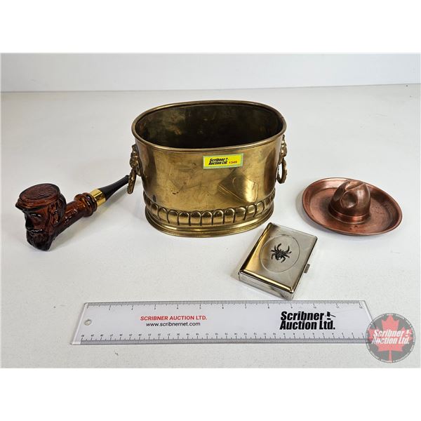 Collector Combo: Brass Lion Head Jardiniere, Avon Pipe, Coppercraft Hat Ashtray, Cigarette Case (Jar