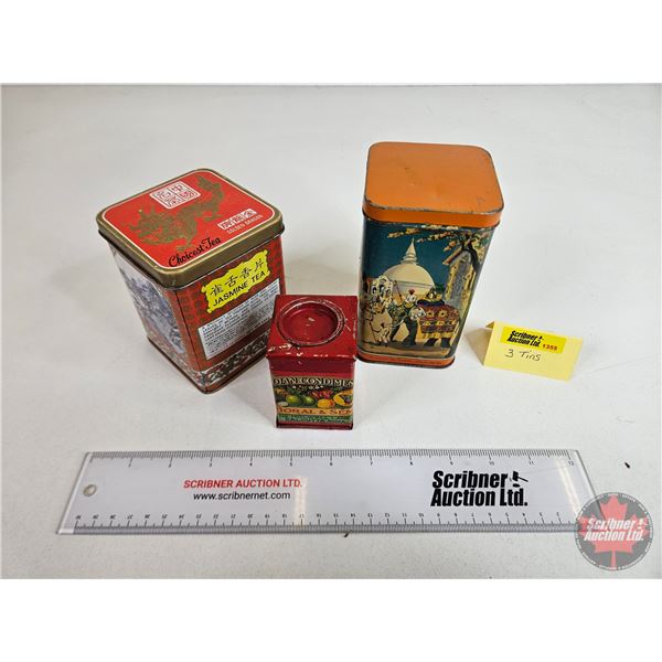 Tins (3) : Tea & Curry (Largest Measures: 5-1/2" x 3" x 3")