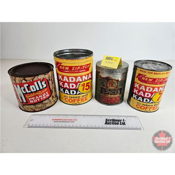 Tins (4) : Coffee, Spices & Peanut Butter (Tallest Measures: 6-1/2"H)