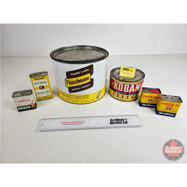 Tins (6) : Fleischmann; Blue Ribbon; Koban; etc  (Largest Measures: 6-1/2"H x 8-1/4"Dia)