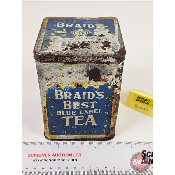 BRAID'S BEST BLUE LABEL TEA Tin  (5-3/4"H x 4"W x 4"D)