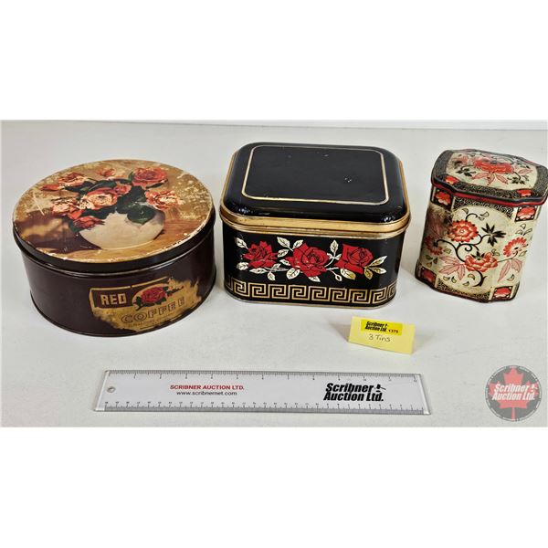 Tins (3) : RED ROSE Coffee Tin (Paper Label) + (2) Misc (Red Rose Measures: 4"H x 8-1/2"Dia)
