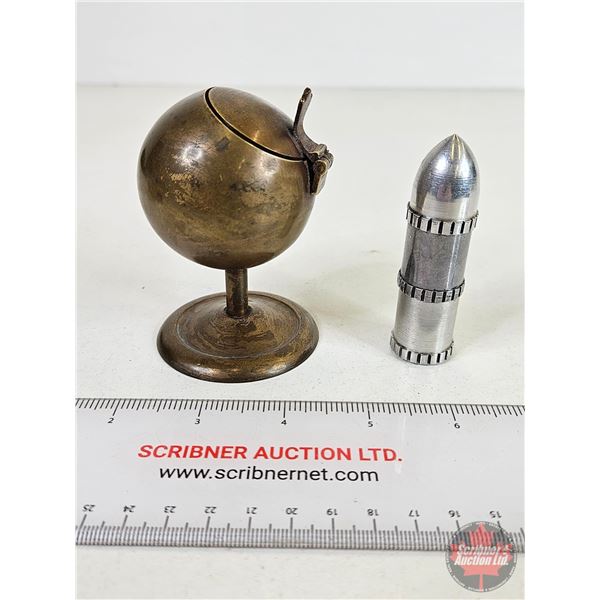 Bullet Lighter & Mid Century Brass Globe Ashtray (3-1/2"H)
