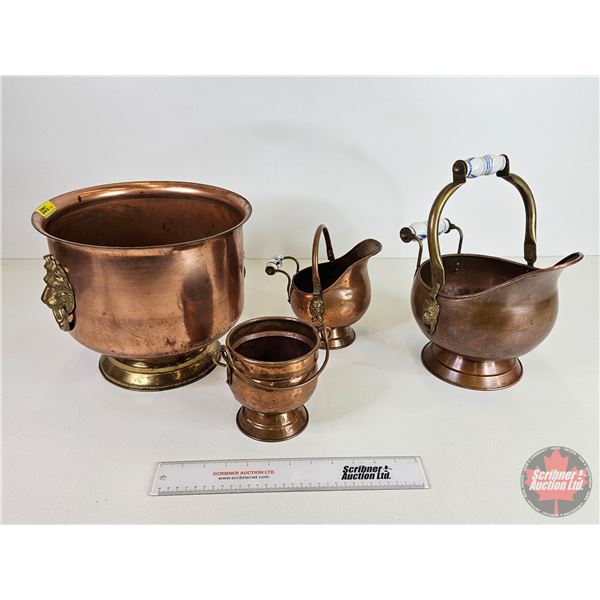 Coppercraft Grouping (4) : Skuttles (2), Kindling Bucket & Pot (Largest Measures: 9-1/2"H x 11-1/4"D