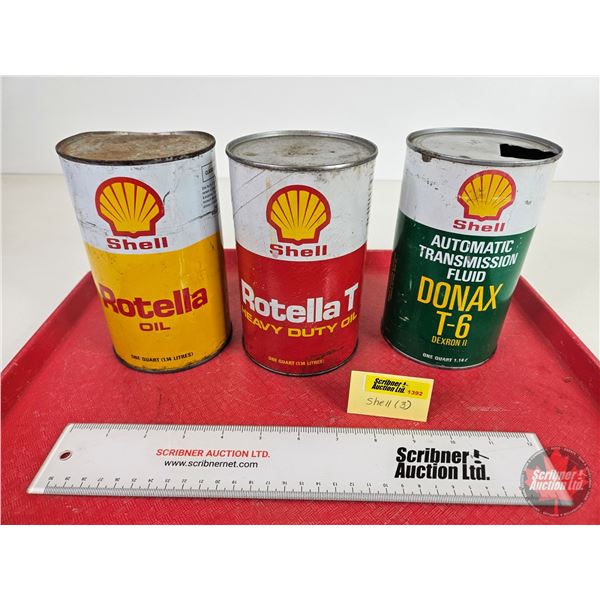 SHELL Oil Cans (3) : - Rotella T Heavy Duty Oil (Cardboard) - Rotella Oil (FULL!) - DONAX T-6 ATF (A