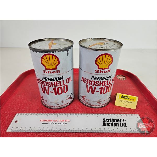 SHELL Oil Cans (2): Premium Aeroshell Oil W-100 (All Measure: 6-1/2"H x 4"Dia)