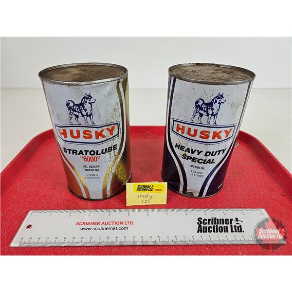 HUSKY Oil Cans (2):  - Heavy Duty Special Motor Oil - Statolube "6000" (All Measure: 6-1/2"H x 4"Dia