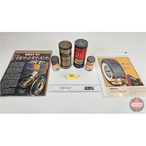 Collector Combo ~ Tire Theme : Tire Repair Kit Tins (4) & Vintage Ads (2) (Tallest Tin Measures: 7-1