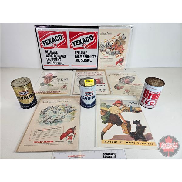 TEXACO Collector Combo : (3) Oils & (7) Magazine Ads (Note: Two Oil Can Full !) (Each Can Measures: 