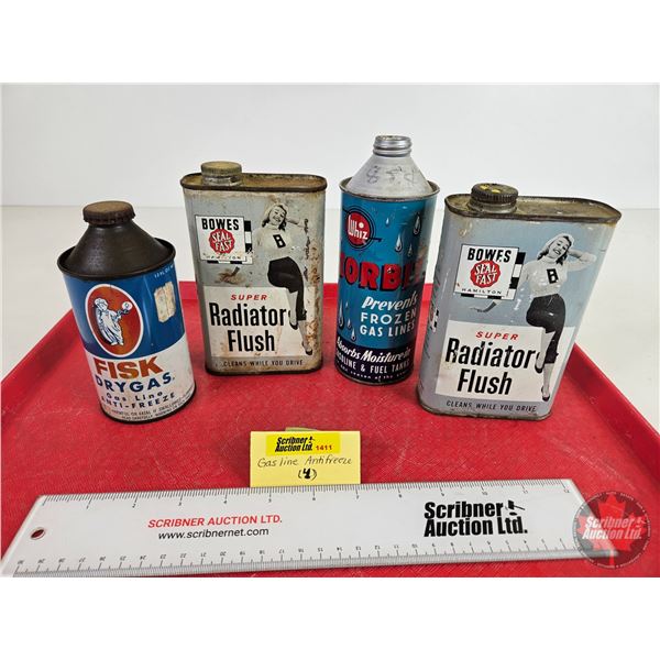 Tin / Bottle Can Collector Combo (4) : - Bowes Seal Fast Radiator Flush (2)  - Whiz Zorbit Gasline A
