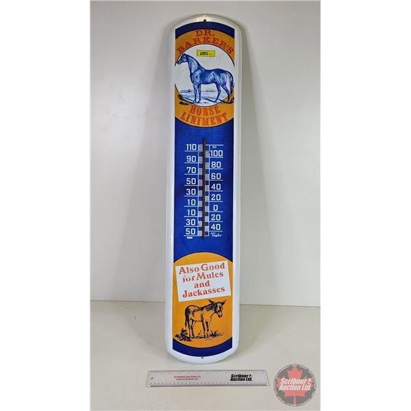 Dr. Barker's Horse Liniment Wall Thermometer (Tin) (Reproduction / Modern) (38-5/8" x 8-1/4")