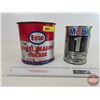 Image 2 : Oil / Grease Cans (2):  - Esso Wheel Bearing Grease (Partial Full) (6-1/4"H x 6-1/4"Dia) - Mobil 1 M