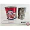 Image 4 : Oil / Grease Cans (2):  - Esso Wheel Bearing Grease (Partial Full) (6-1/4"H x 6-1/4"Dia) - Mobil 1 M