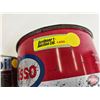 Image 8 : Oil / Grease Cans (2):  - Esso Wheel Bearing Grease (Partial Full) (6-1/4"H x 6-1/4"Dia) - Mobil 1 M
