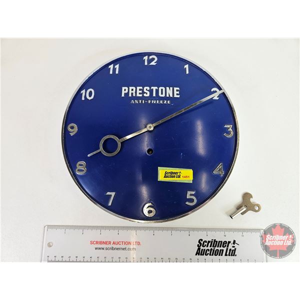 PRESTONE ANTI-FREEZE : Wind Up Clock c/w Key (Consignor Notes: Works Perfect) (9-7/8"Dia)