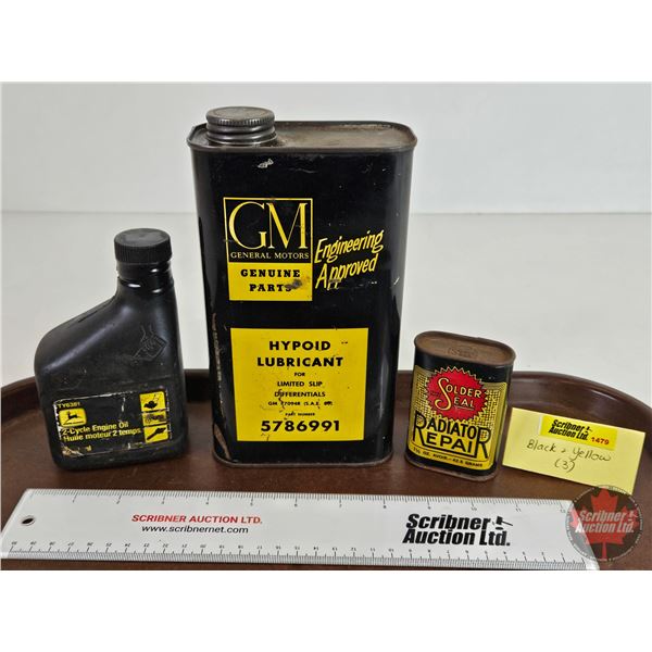 Tins/Bottles (3) (Black & Yellow) - GM Hypoid Lubricant Tin (8-1/4"H) - Solder Seal Radiator Repair 