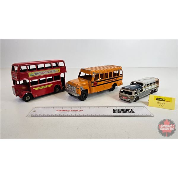 Toy Buses (3): - School Bus - Double Decker (4-1/2"H) - Greyhound