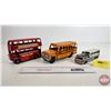 Image 1 : Toy Buses (3): - School Bus - Double Decker (4-1/2"H) - Greyhound