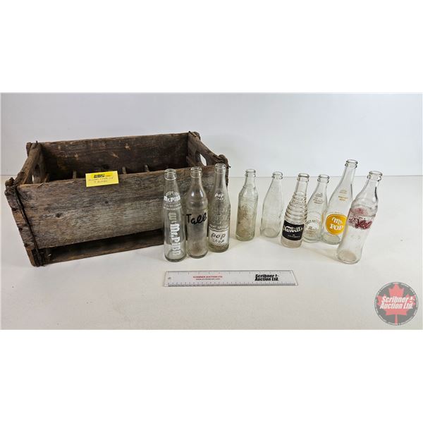 Collector Combo : Wood Bottle Crate "GRAND Soft Drink" & Clear Bottles (9) (Bottles: Mr Pibb, Tall, 