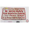 Image 1 : Single Sided Tin Sign "Buy Your Furs Direct from W. Wolman Fur Manufacturer" "Prince Albert" (Emboss