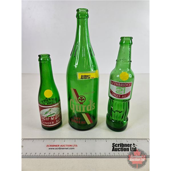 Ginger Ale Bottles (3) (Green) : Gurd's ; High-n-Dry & Lethbridge (Tallest Measures: 11-3/4"H)