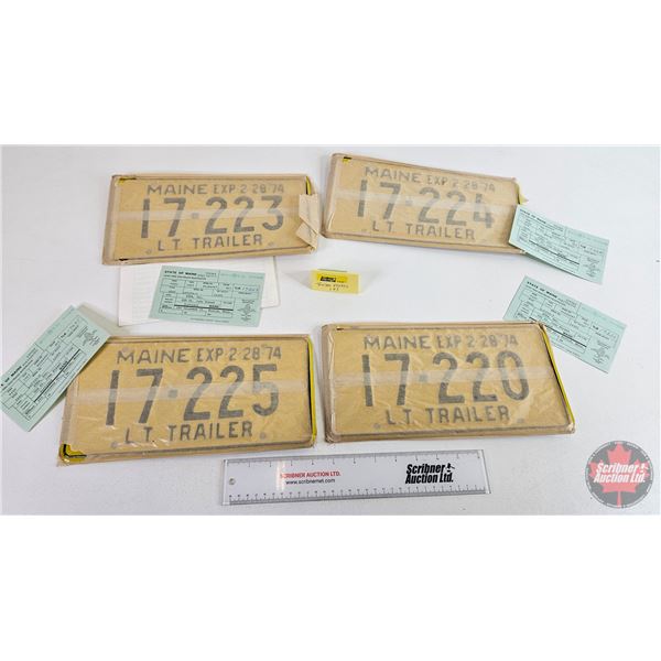MAINE USA Trailer Lic Plates 1974 (NEVER OPENED) : 17-220 ; 17-223 ; 17-224 ; 17-225 (with Orig Pape