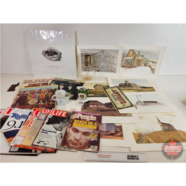 Collector Combo : Prints; Shaving Cup; Lic Plate; Magazines; Beatles Album Covers; Decanter; etc (De