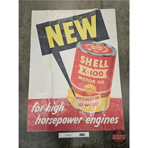 Large Service Station Promotional Poster Advertisement c. 1954 : SHELL X-100 Motor Oil (Plastic Cove