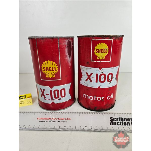 OIL CANS (2) : Shell X-100 Motor Oil (6-1/2"H x 4"Dia)