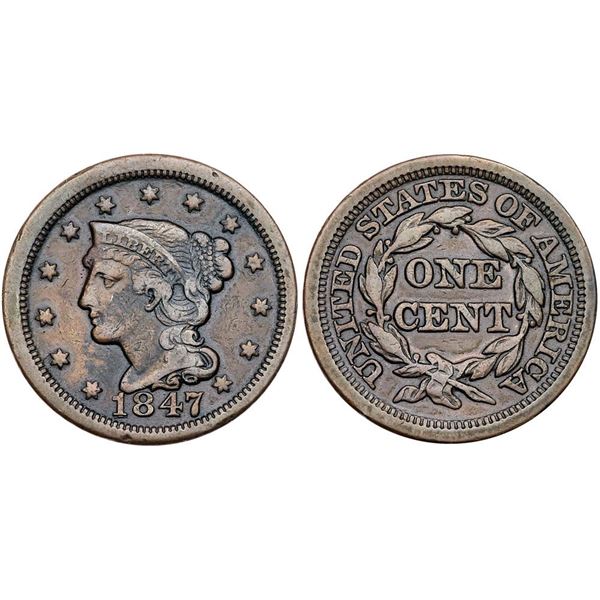 Group of Five 1847 Cents grading F15
