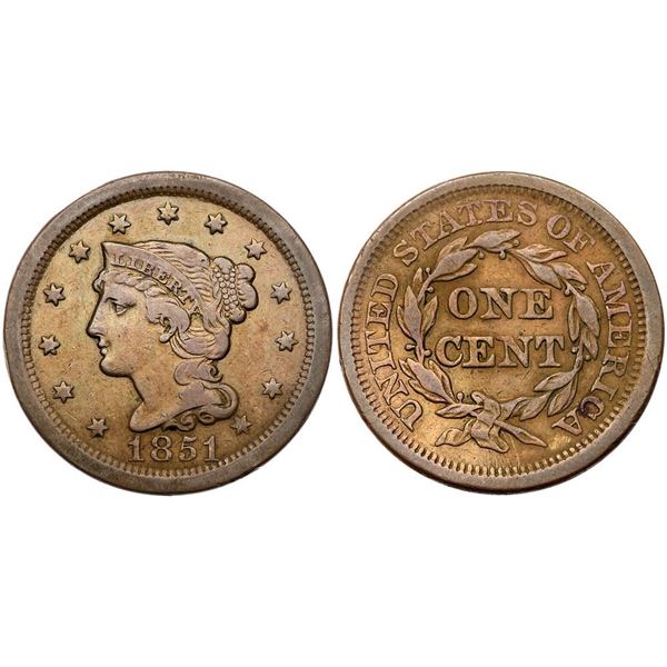 Group of Five 1851 Cents grading F15