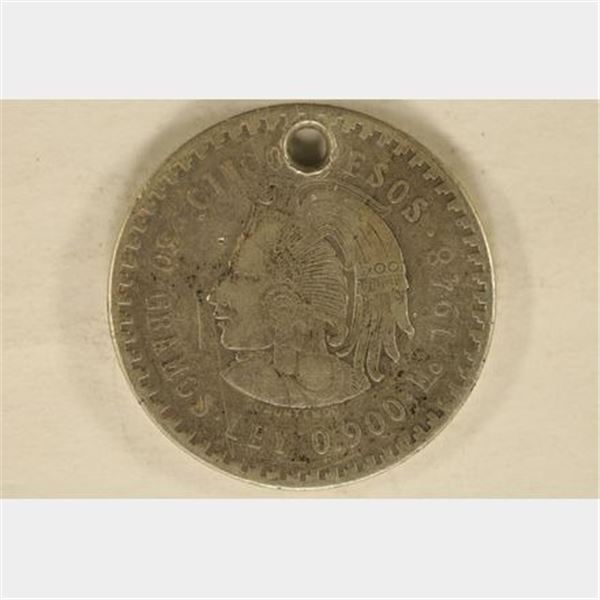 1948 MEXICO SILVER 5 PESO (HOLED) .8681 OZ. ASW
